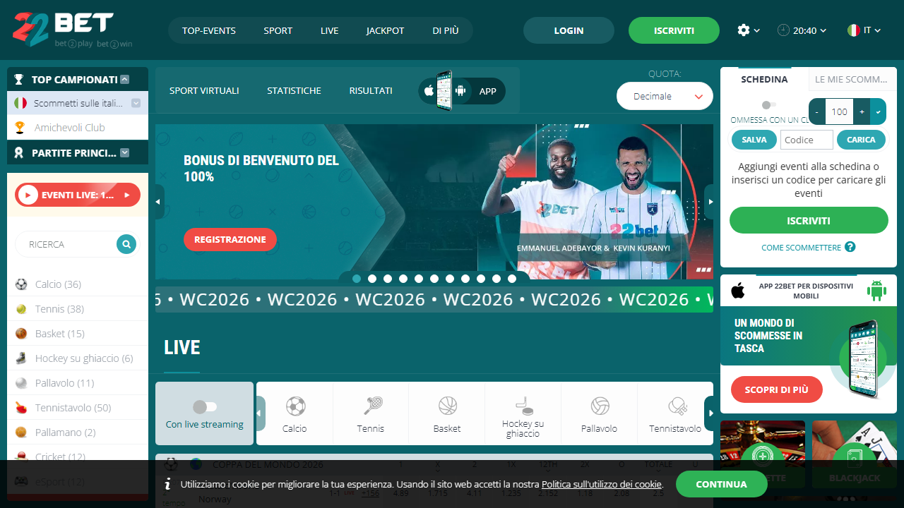 22bet.com, homepage del sito scommesse .com