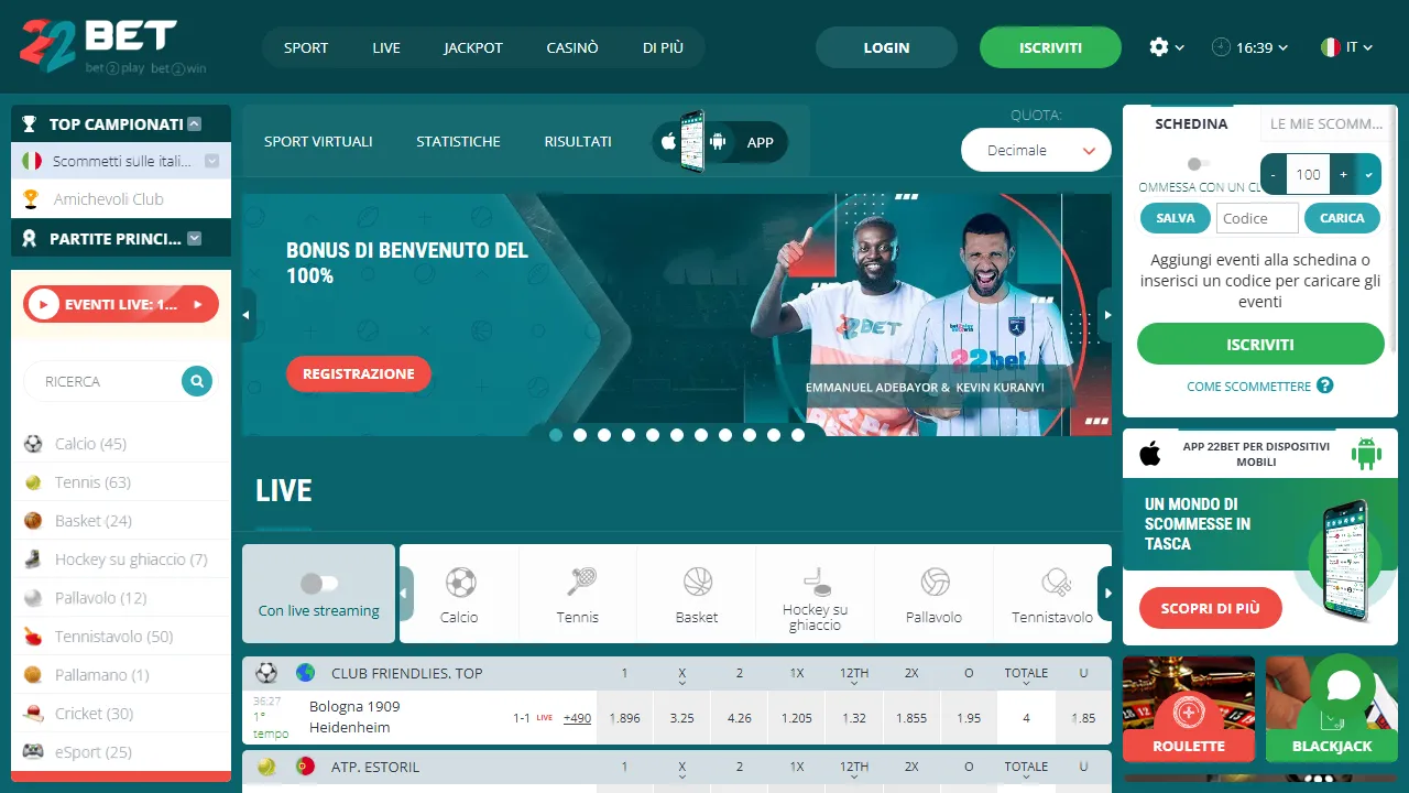 Screenshot della home di 22bet.com