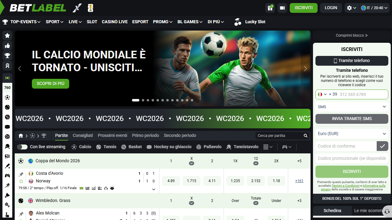 BetLabel.com, homepage del sito scommesse .com