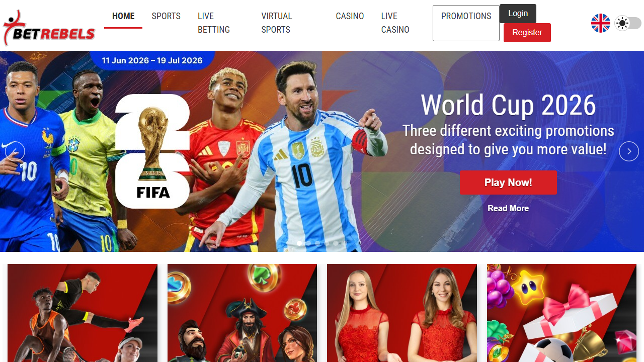 BetRebels.com, homepage del sito scommesse .com
