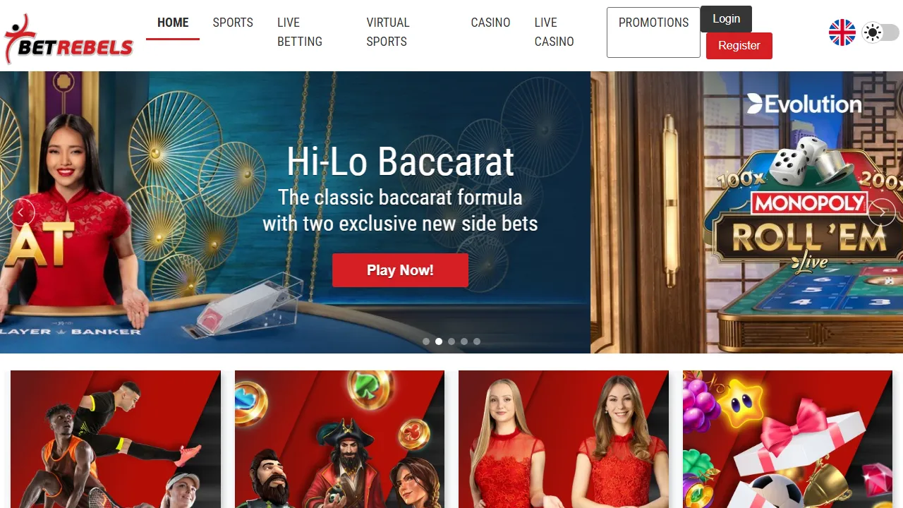 Screenshot della home di BetRebels.com