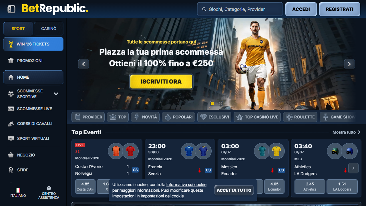 BetRepublic.com, homepage del sito scommesse .com