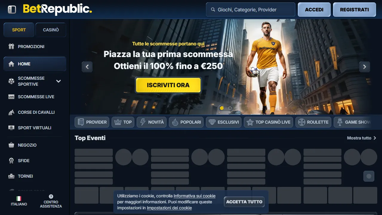 Screenshot della home di BetRepublic.com
