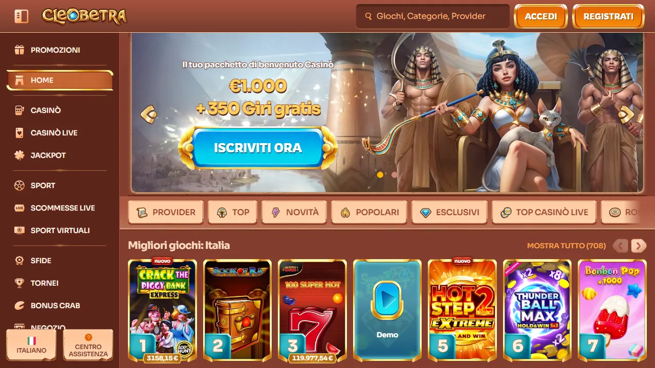 Screenshot della home di Cleobetra.com