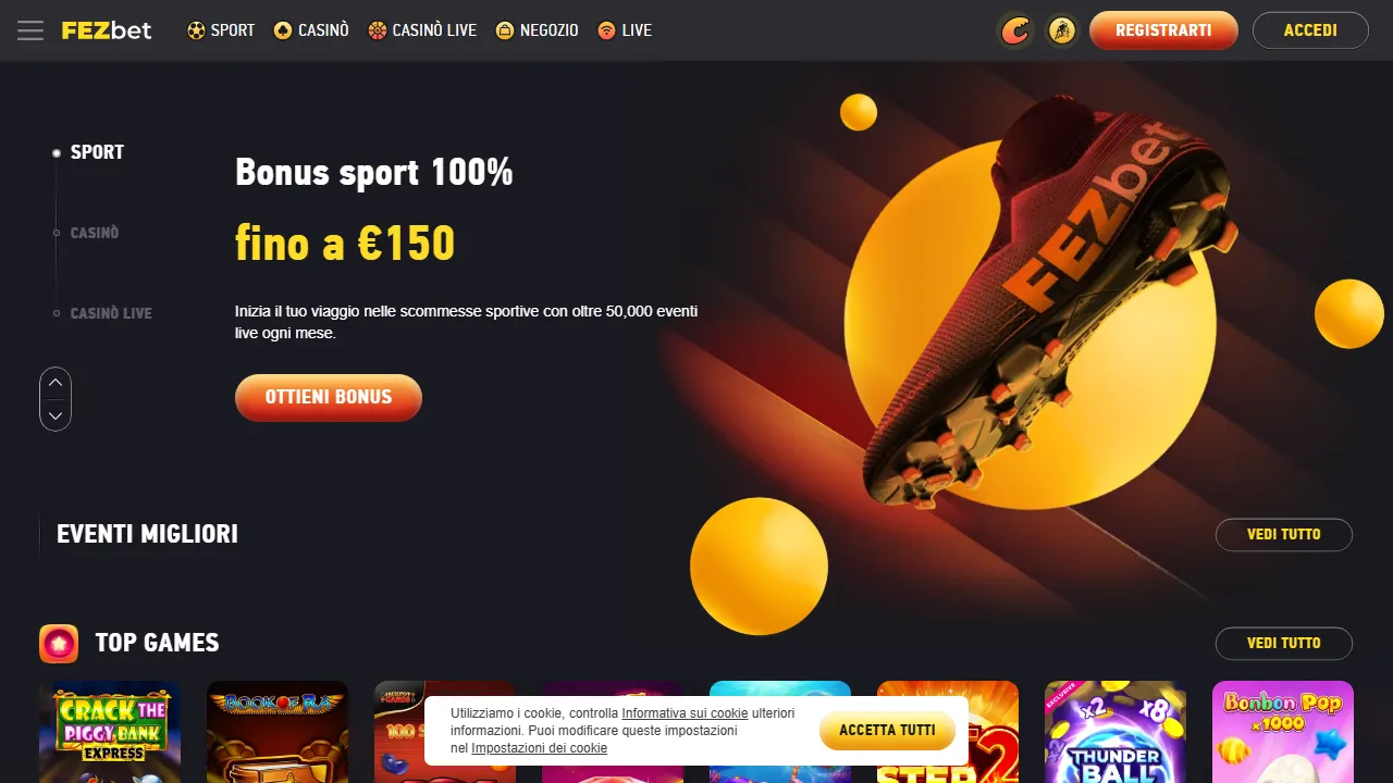 Screenshot della home di Fezbet.com