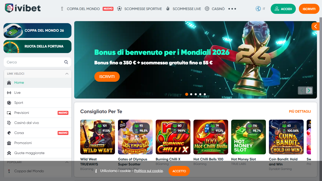 Ivibet.com, homepage del sito scommesse .com
