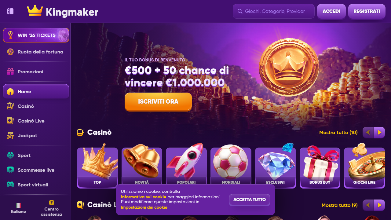KingMaker.com, homepage del sito scommesse .com