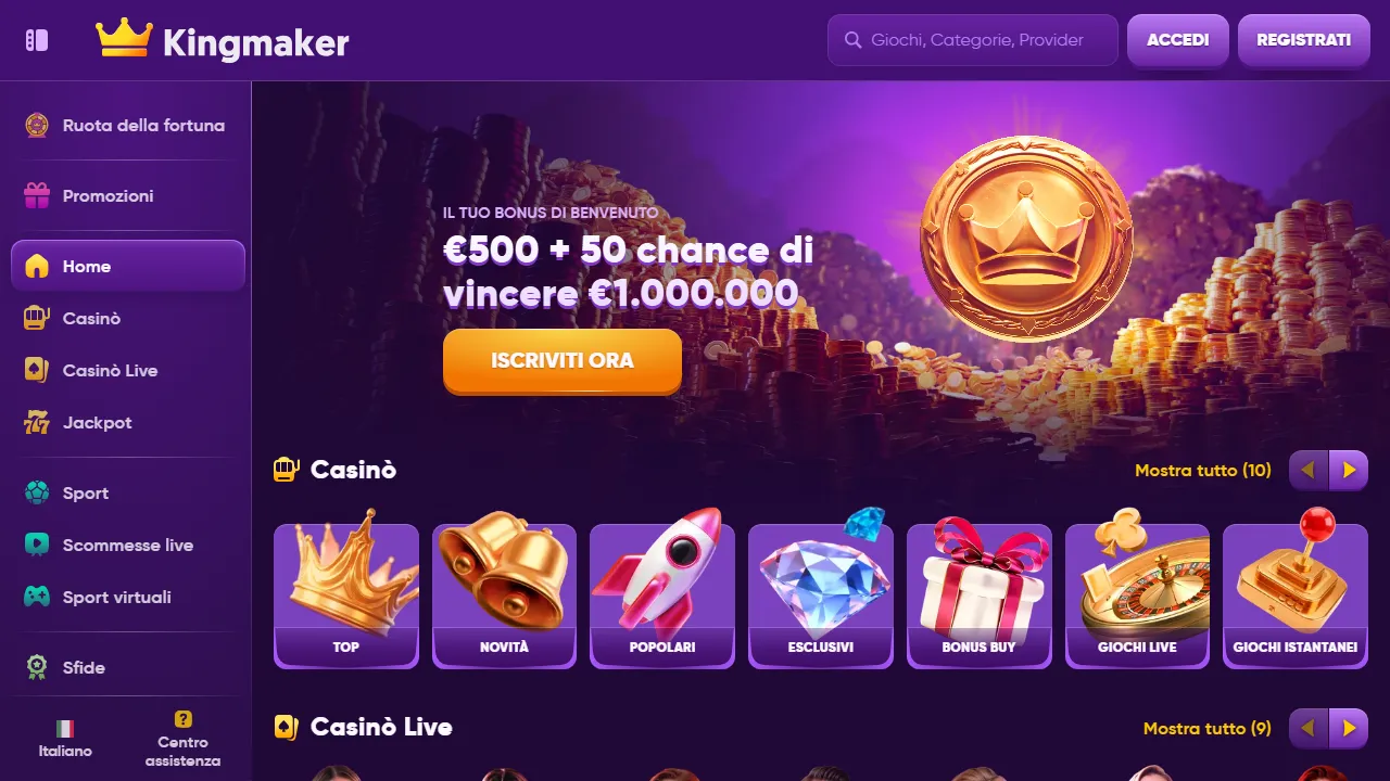 Screenshot della home di KingMaker.com