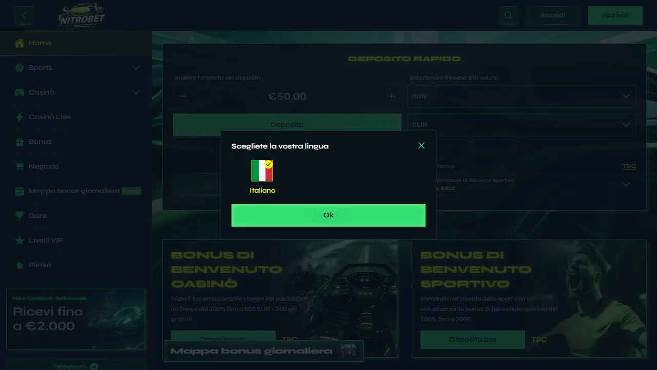 Screenshot della home di Nitrobet.com