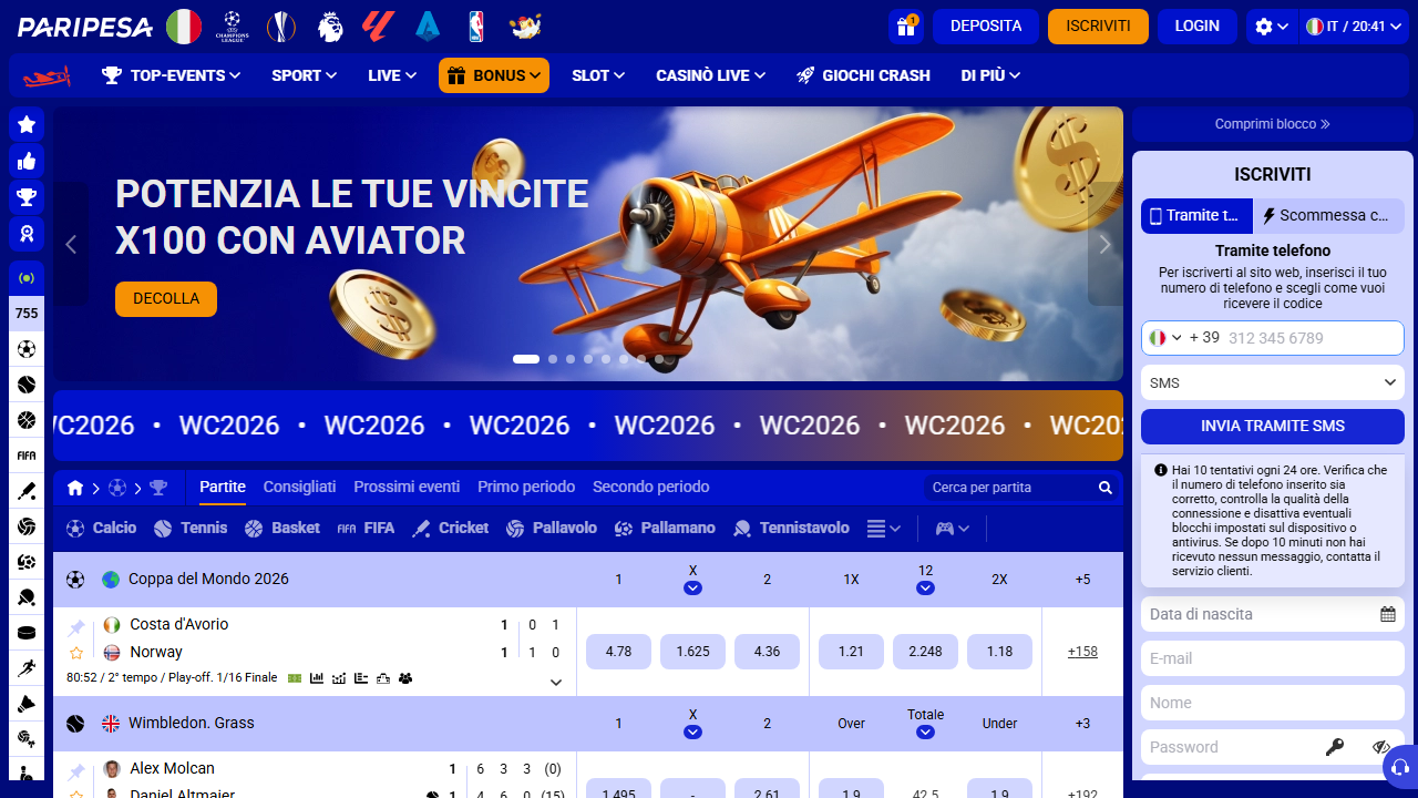 PariPesa.com, homepage del sito scommesse .com