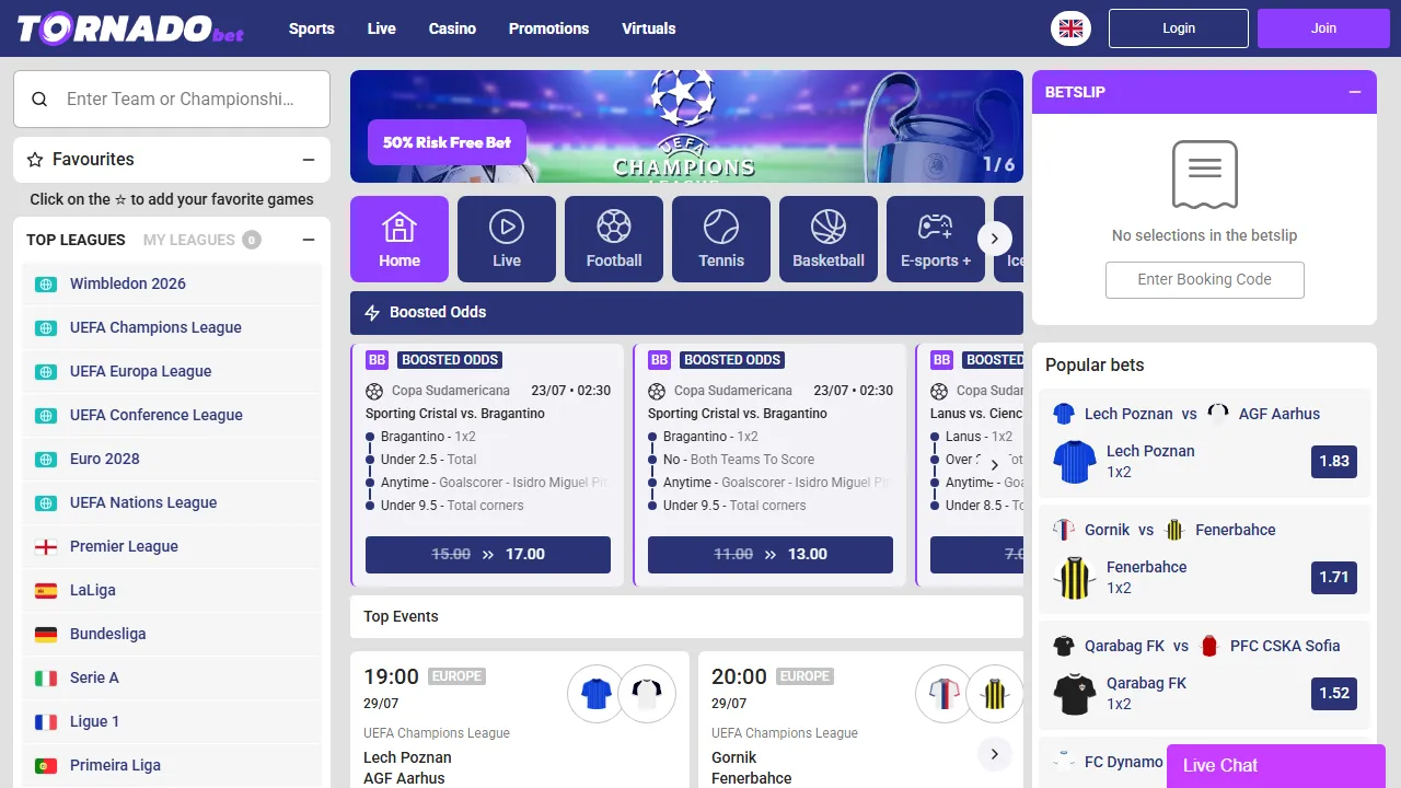 Screenshot della home di TornadoBet.com